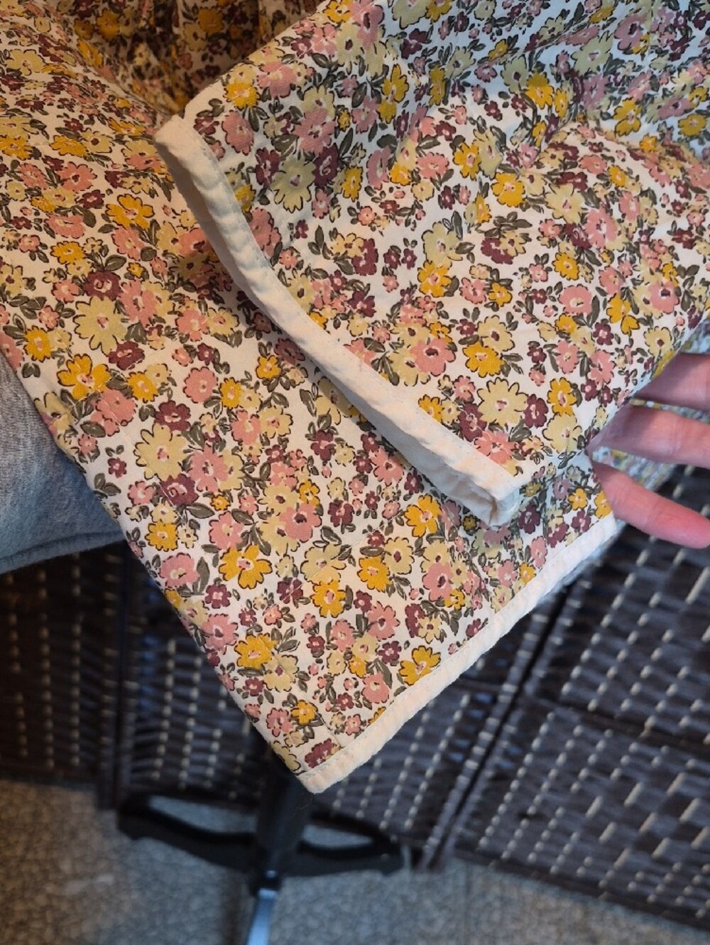 Quilted Floral Puffer Jacket in Cream and Mustard - Picture 6 of 8